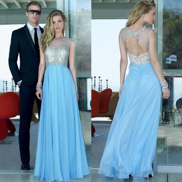silver and light blue flowy maxi dress with open back