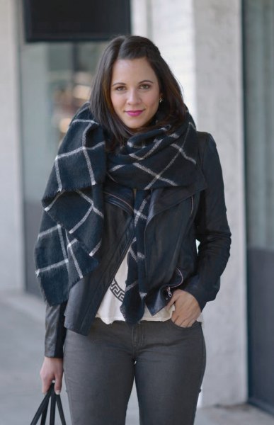 black and white checked wool scarf with gray skinny jeans