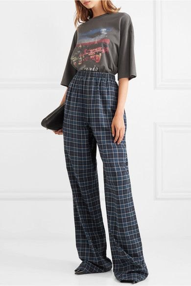 Gray graphic t-shirt with blue check flannel wide-leg high-rise pants