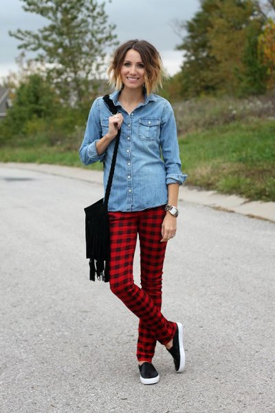 light blue buttoned chambray shirt and red and black plaid pants