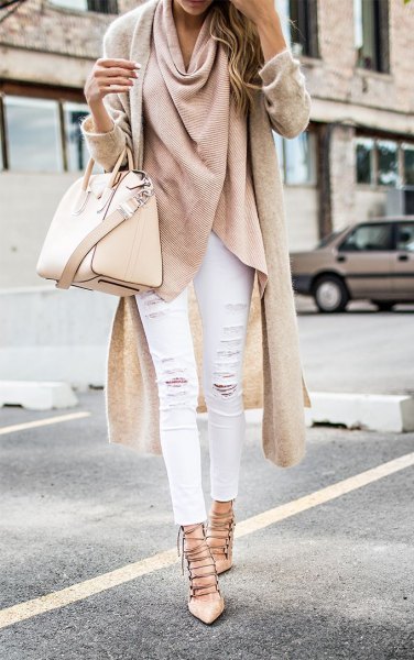 pink wool longline wrap jacket with white jeans and strappy heels