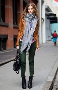 brown leather jacket with gray turtleneck and matching scarf