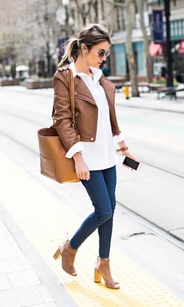 brown short leather jacket with white long shirt with buttons