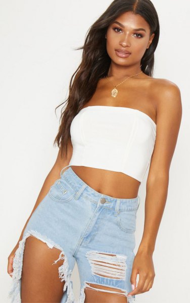 cropped skinny top with badly ripped boyfriend jeans