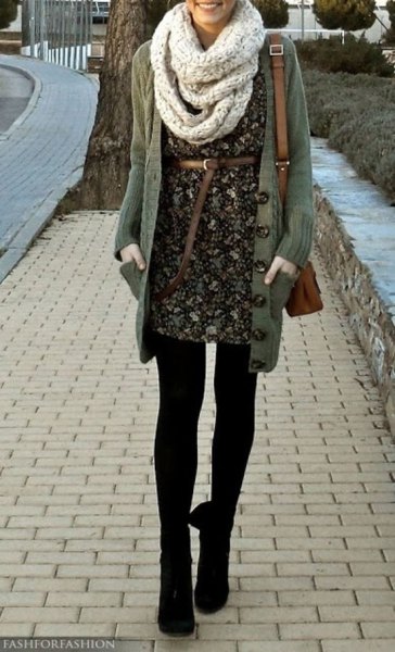 Floral mini dress with belt, scarf and leggings