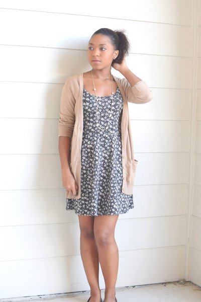 gray and white floral mini swing dress with ivory cardigan