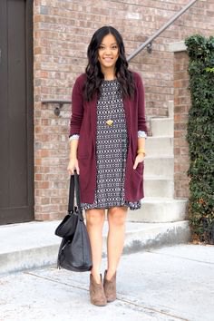 gray long cardigan with black and white tribal mini dress