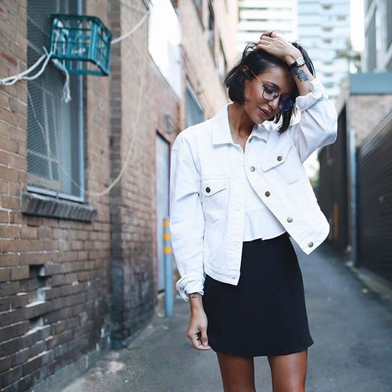 white denim jacket black skirt