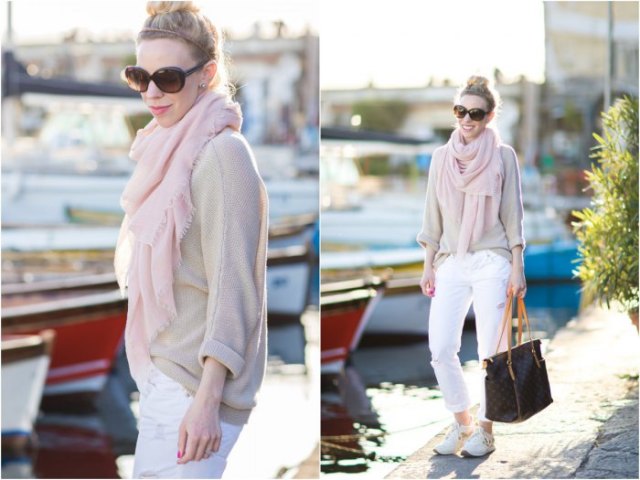 light brown sweater with scarf and white jeans