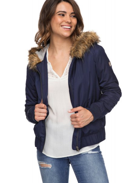 Navy faux fur hooded bomber jacket and chiffon blouse