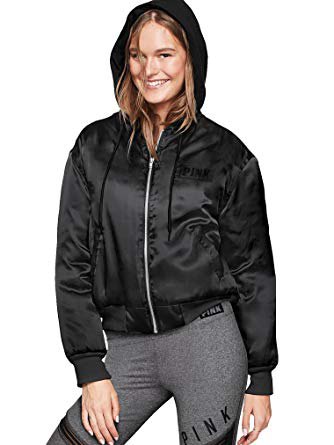 black hooded nylon bomber jacket and gray printed jogger sweatpants