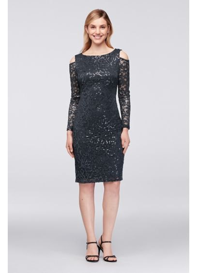 Black Lace Cold Shoulder Midi Cocktail Dress