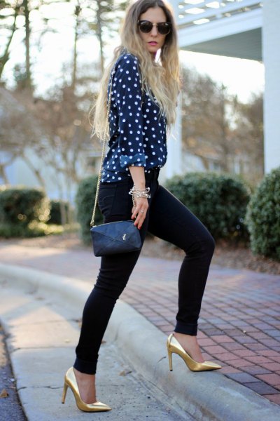 black and white dotted blouse with golden heels