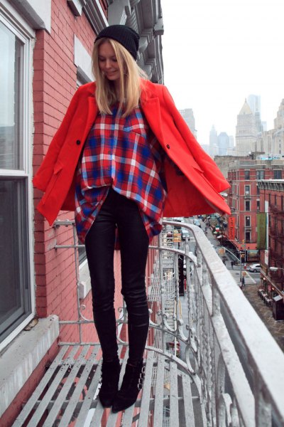 red wool coat with dark blue and orange checked shirt