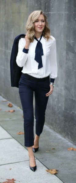 White with a black tie and dark jeans