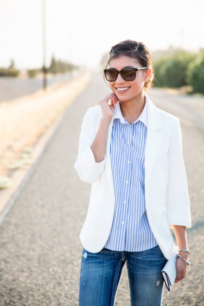 Relaxed fit summer white blazer and sky blue striped button down shirt