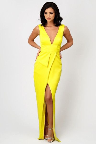 Lemon Yellow Low Cut High Split Wrap Maxi Dress