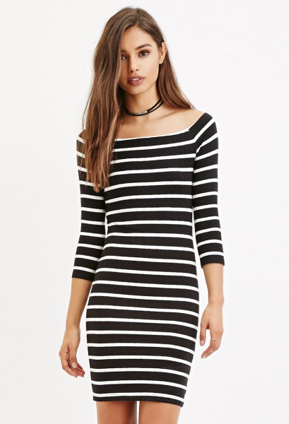 black and white striped boat neck bodycon dress