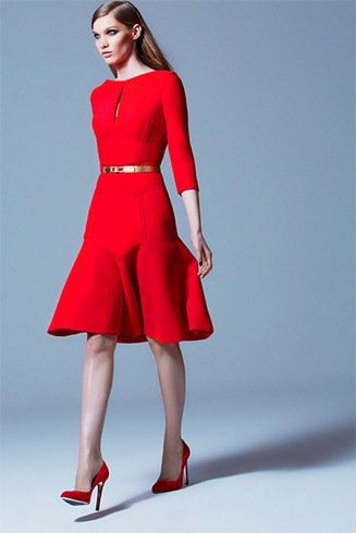 Red fit three-quarter dress with flared belt