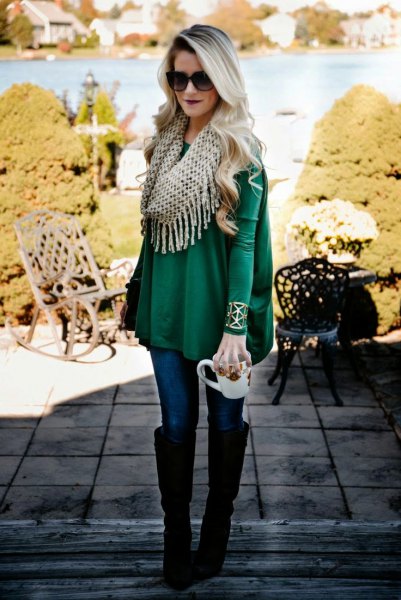 Emerald green peplum with long sleeves and infinity scarf with fringes