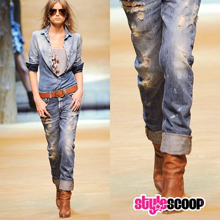 Chambray slim fit shirt with belted boyfriend cuffed jeans