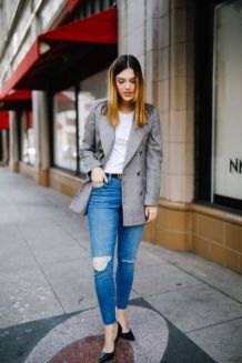 gray oversized casual blazer with white t-shirt and blue jeans