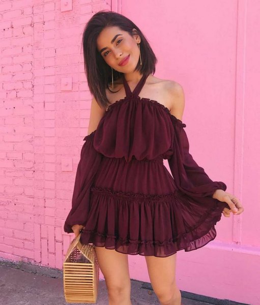 Layered cocktail dress in burgundy with a ruffled halter