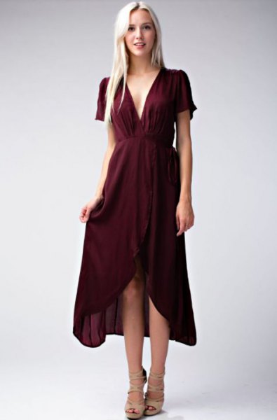 Burgundy Deep V Neck Fitted Plunging Midi Dress