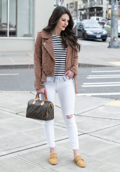 Camel leather jacket with striped t-shirt and mustard yellow backless slippers