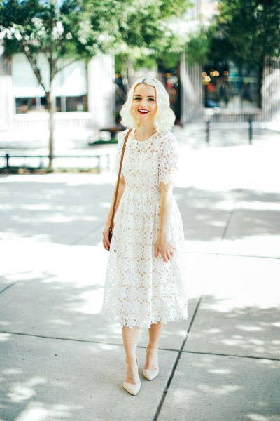 white lace midi dress with pointed toe heels