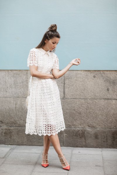 white lace midi dress with pointed sequin heels