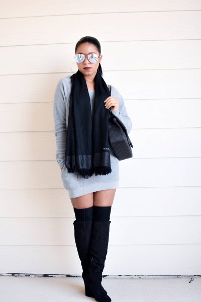 gray mini sweatshirt dress with black knitted scarf