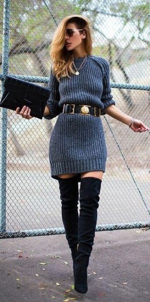 gray belted sweater dress and black suede overknee boots