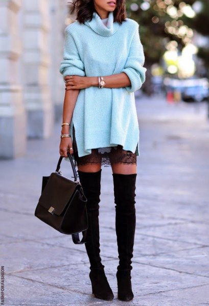 white turtleneck sweater with black lace mini skirt