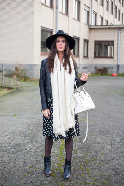 black leather hat with biker jacket and long white scarf