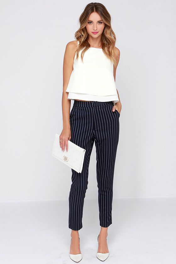 Sunday Girls Navy Blue Striped Pants |  Stripe pants outfit, fashion.