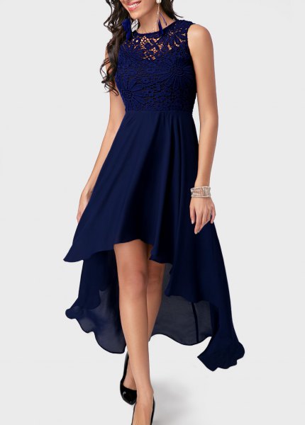 Dark blue high low maxi dress with silver sequin strap