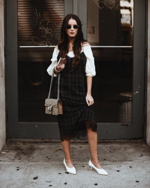 white puff sleeves off the shoulder blouse with black and burgundy plaid shift dress