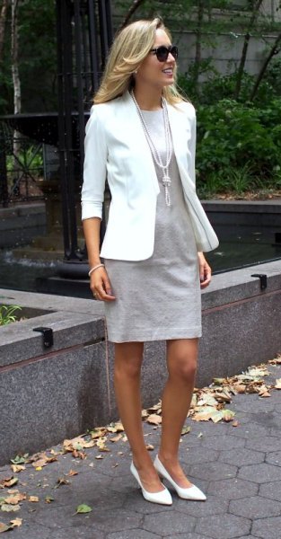 white blazer with light gray mini dress