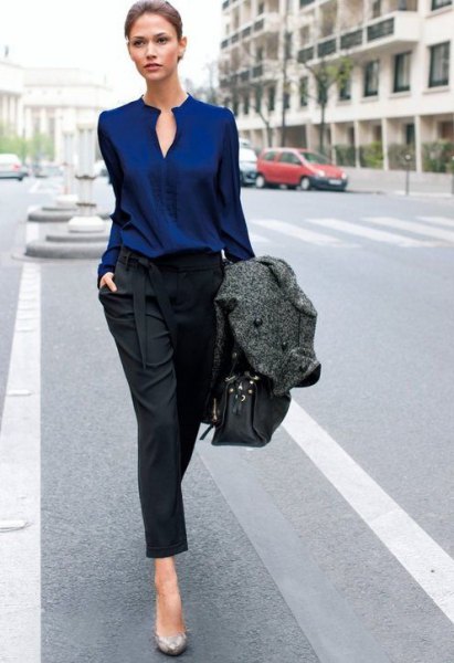 Navy blue keyhole blouse with black cropped straight leg jeans