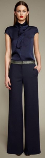 Silk blouse with stand-up collar and flared trousers