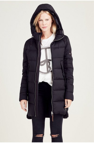 black hooded down jacket and white graphic sweatshirt