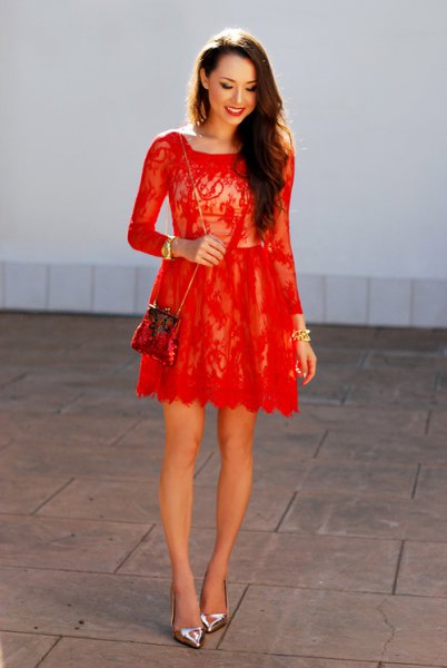 Red Lace Long Sleeve Fit and Flare Mini Dress