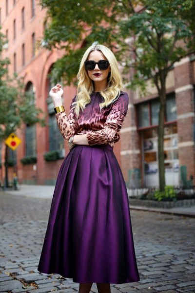 Leopard print shirt and purple silk midi skirt