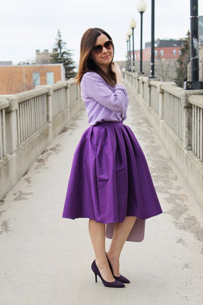 light blue chambray shirt with purple flared midi skirt