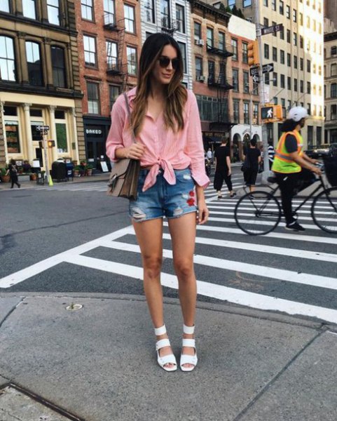 pink knotted shirt jean shorts