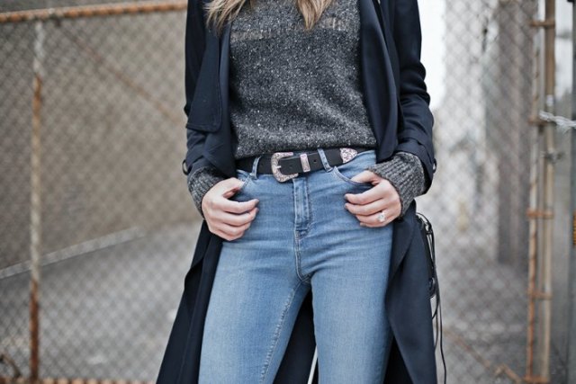 long wool coat jeans with black and silver belt