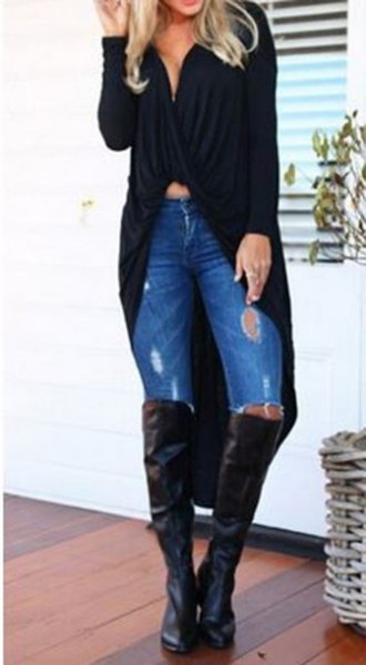 black maxi cardigan sweater with low cut crop top and overknee boots