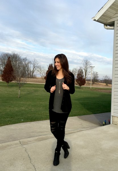 black cardigan with gray chiffon blouse and ripped jeans
