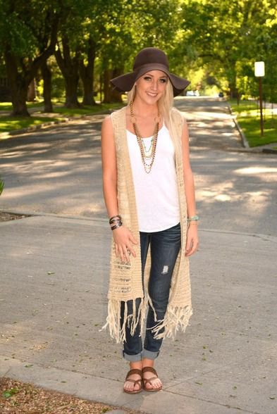 Crepe longline crochet knit vest with skinny jeans with cuffs